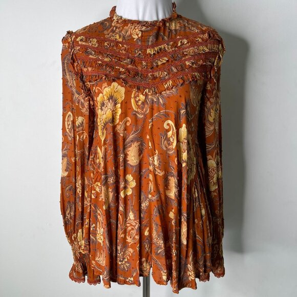 Spell & the Gypsy Collective Women's Orange Tan Aurora Ruffle Blouse Size Small - Picture 1 of 10